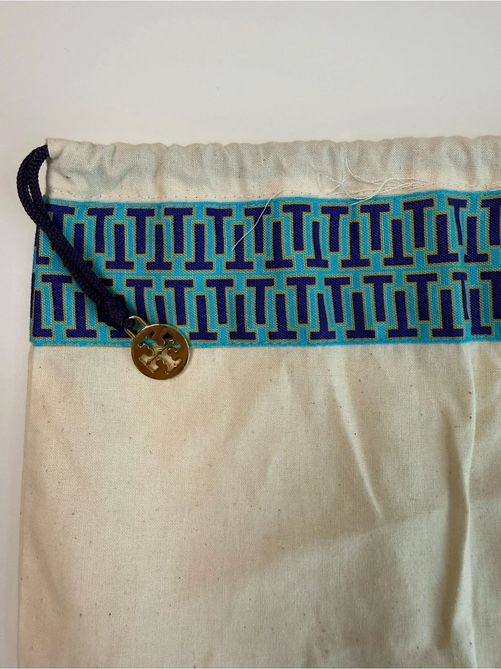 Tory Burch Canvas Dust Bag Drawstring Storage Pouch Cream Blue Gold Logo